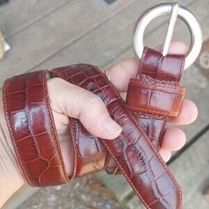 vintage Kenneth Cole Brown Leather croco embossed belt with Brass Italian